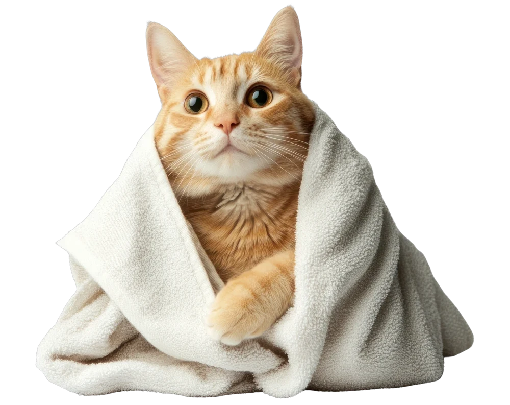 Cat wrapped in a towel after bathing