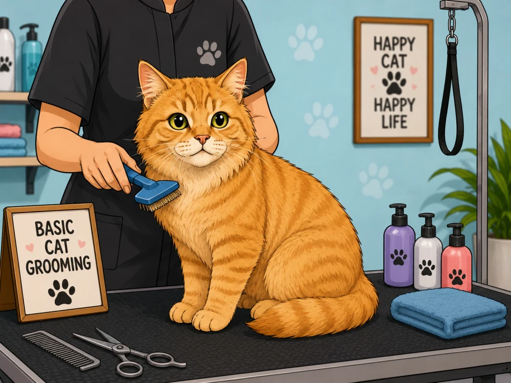 Cat basic coat brushing and grooming illustration
